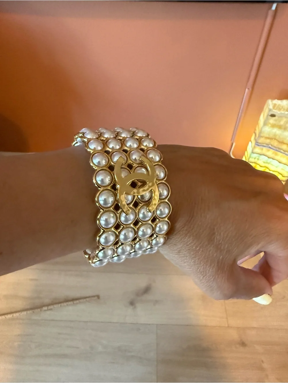 CHANEL Gold-Tone Pearl Multirow Cuff Bracelet
